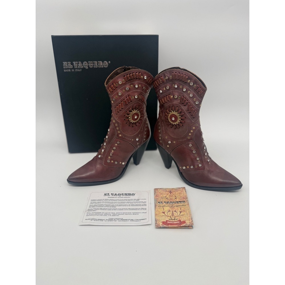 El Vaquero Studded Crystal Boots 37 Boho Western‎ Festival Leather Pointed Heel